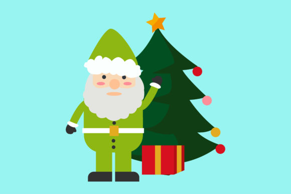 Santa Claus with Christmas Tree and Gift Graphics & Icons